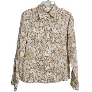 Liz Claiborne Women's Tan & White Floral Print Button Down Shirt Size Petite P